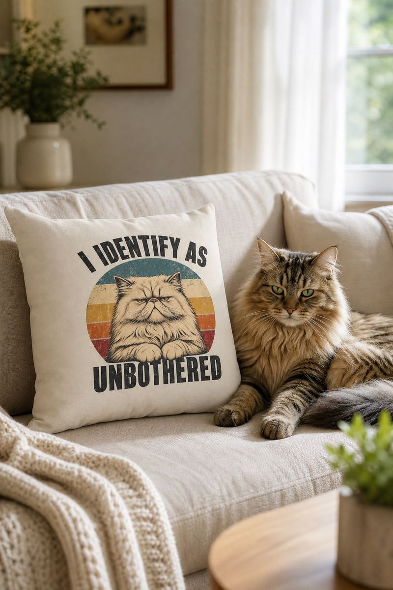 A Cranky Kitten cat throw pillow on a cozy couch with a cat