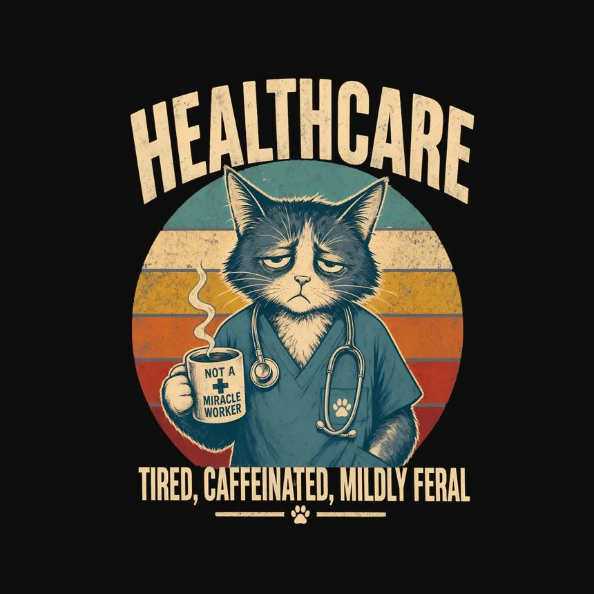 Healthcare Tired, Caffeinated, Mildly Feral — funny cat hoodie