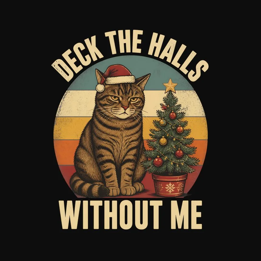 Deck The Halls Without Me Naughty Xmas Cat On Retro Sunset — funny cat hoodie