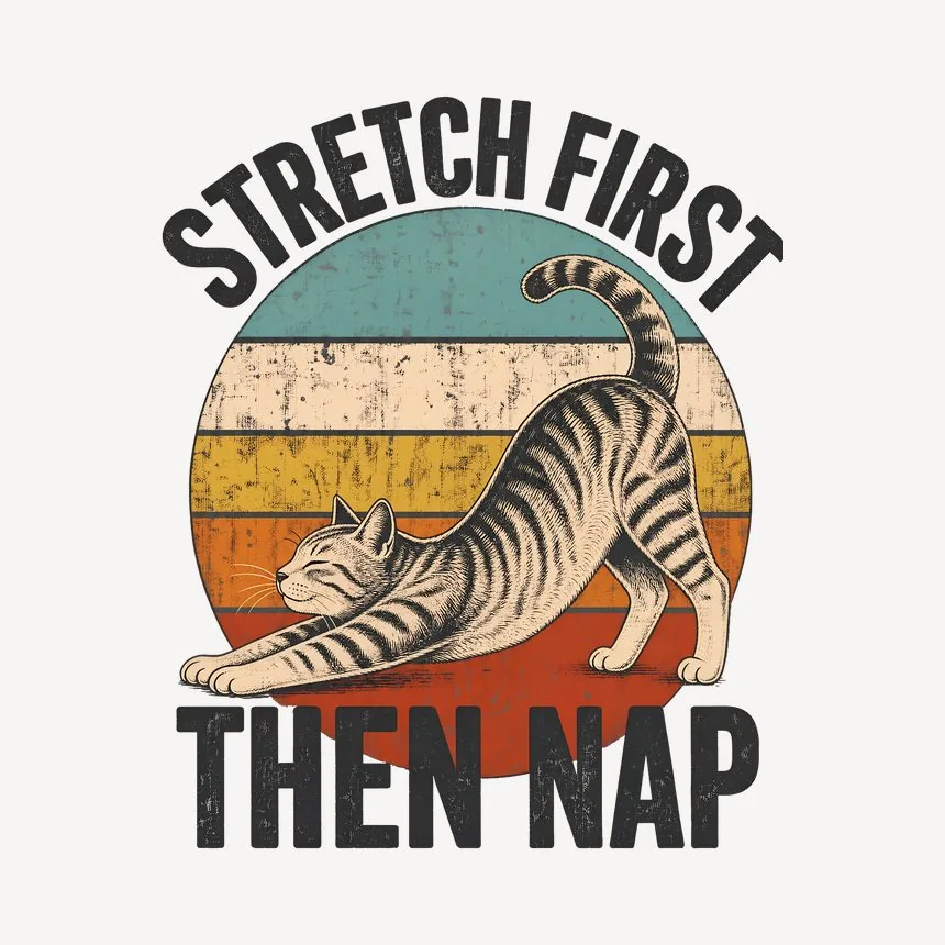 Stretch First Then Nap Yoga Cat Retro — funny cat mug