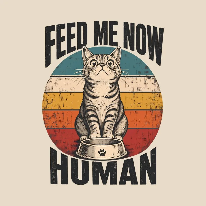 Feed Me Now Human Demanding Cat Retro — funny cat throw pillow