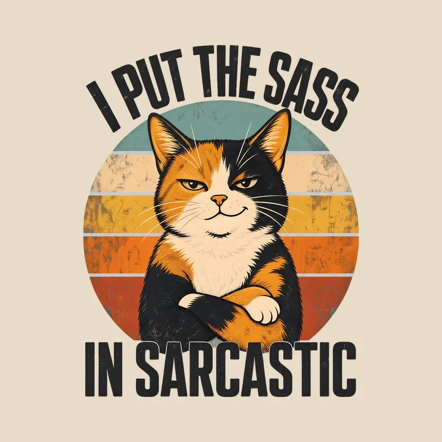 I Put The Sass In Sarcastic Calico Cat Retro — funny cat throw pillow