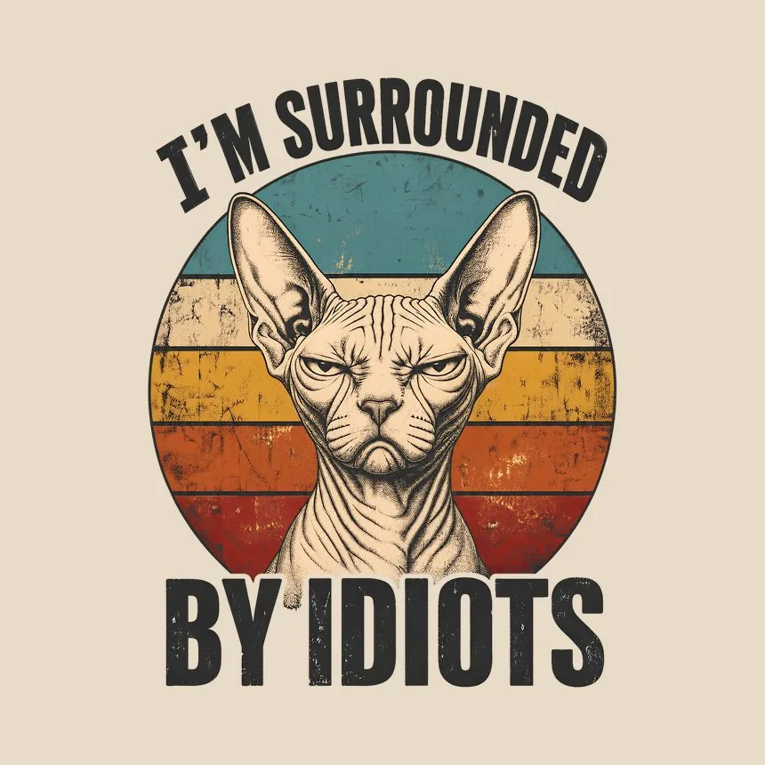 Surrounded By Idiots Judgy Cat Retro — funny cat throw pillow