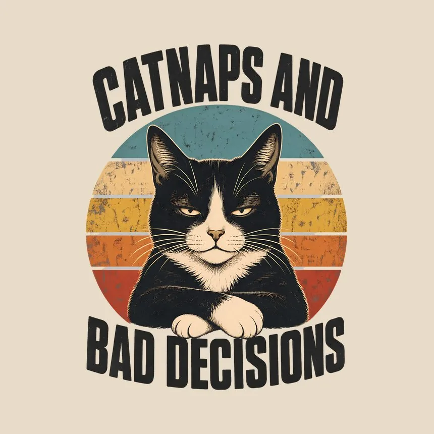 Catnaps And Bad Decisions Tuxedo Cat Retro — funny cat throw pillow