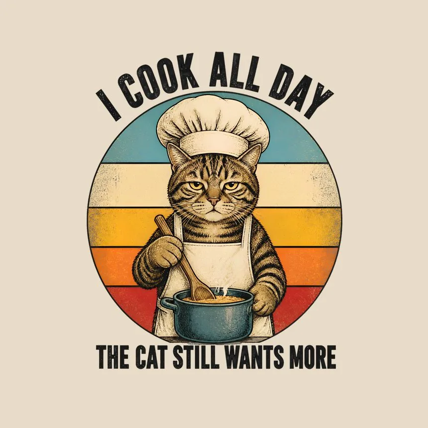 I Cook All Day The Cat Still Wants More Cat On Retro Sunset — funny cat throw pillow
