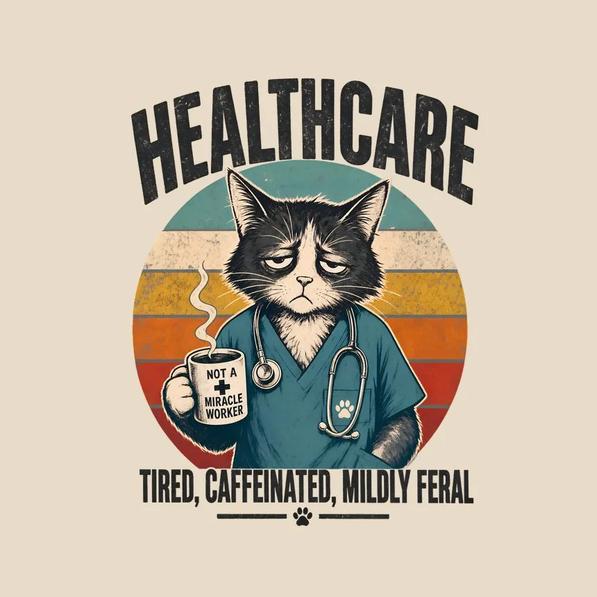 Healthcare Tired, Caffeinated, Mildly Feral — funny cat throw pillow