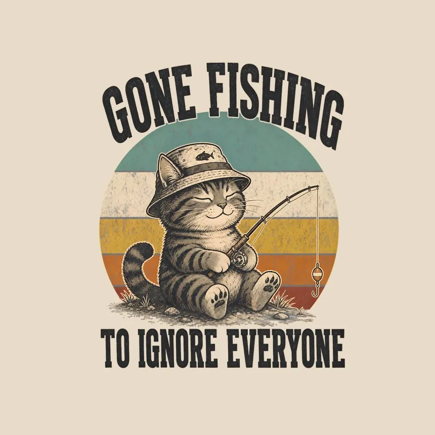Gone Fishing To Ignore Everyone Retro Cat Design — funny cat throw pillow
