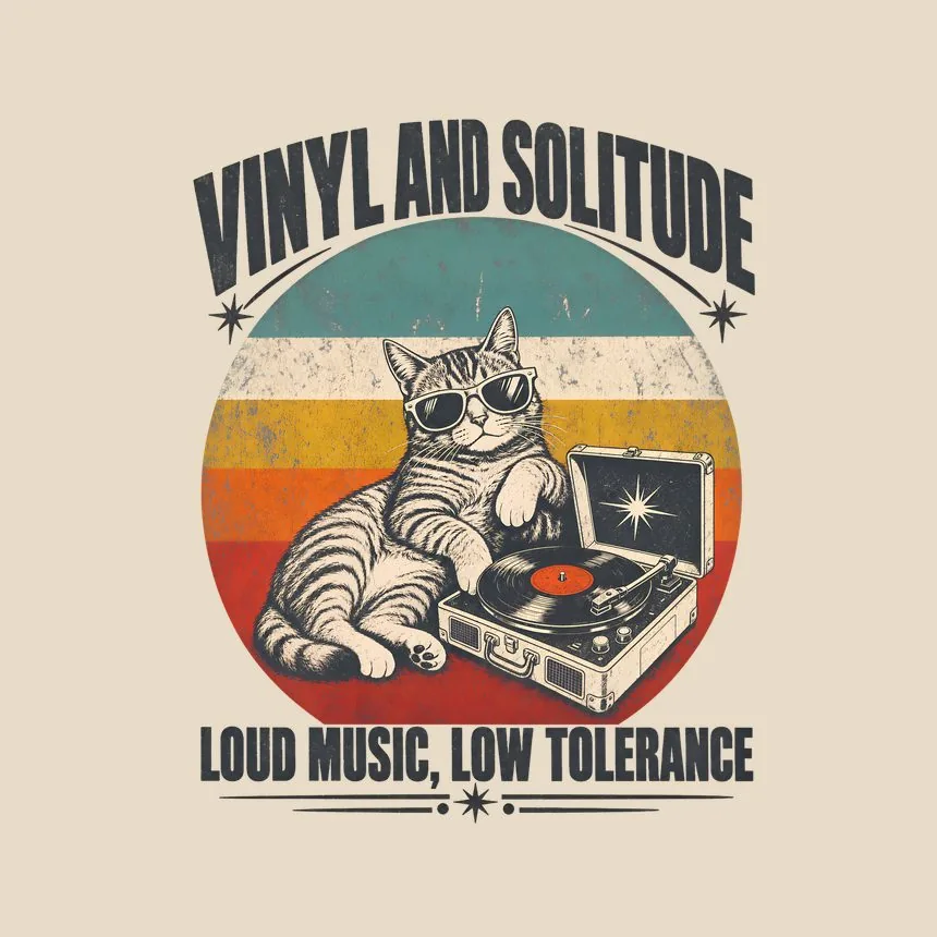 Vinyl And Solitude Loud Music, Low Tolerance — funny cat throw pillow