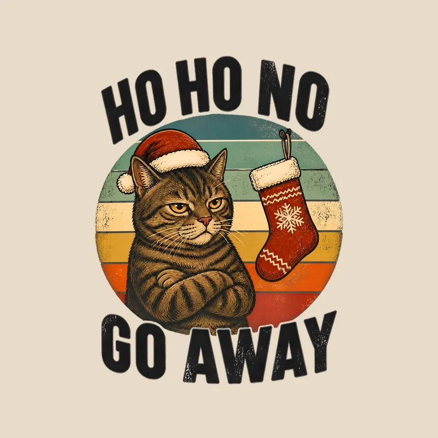 Ho Ho No Go Away Deadpan Santa Cat On Retro Sunset — funny cat throw pillow