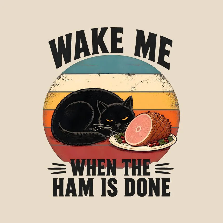 Wake Me When The Ham Is Done Holiday Cat On Retro Sunset — funny cat throw pillow