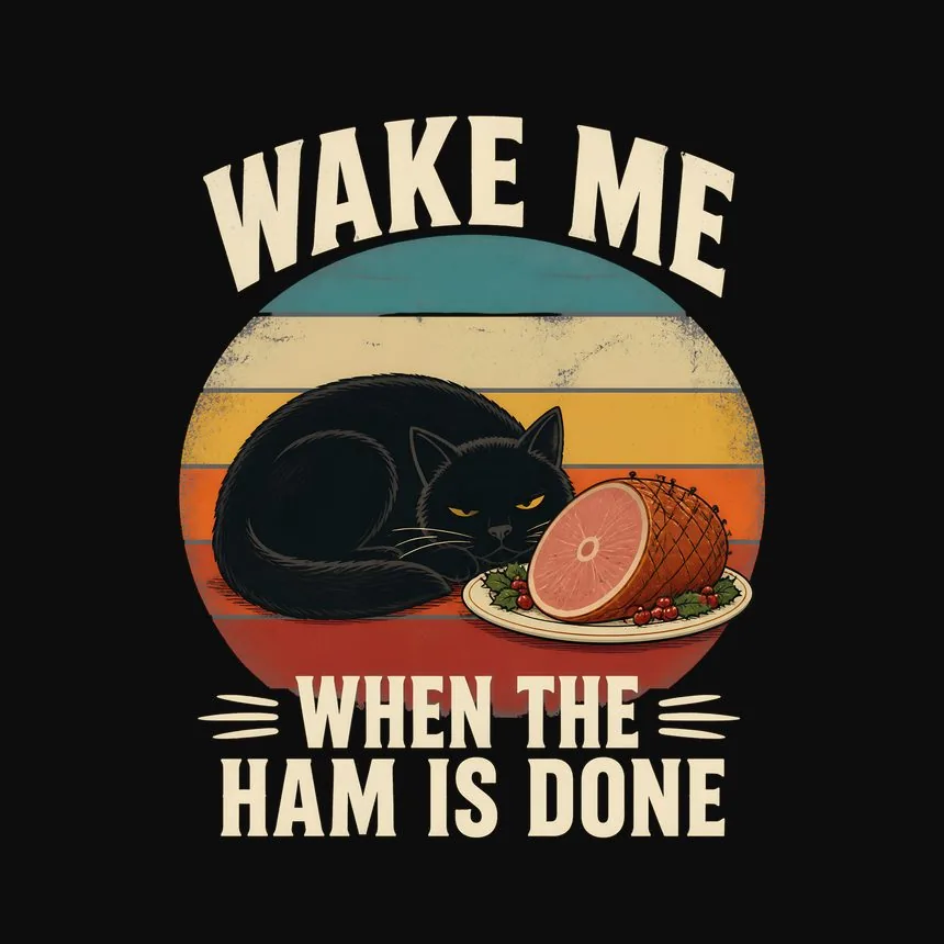 Wake Me When The Ham Is Done Holiday Cat On Retro Sunset — funny cat sweatshirt