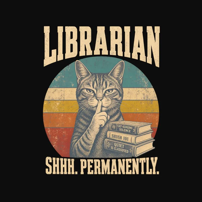 Librarian Shhh. Permanently. Retro Cat Design — funny cat tank top