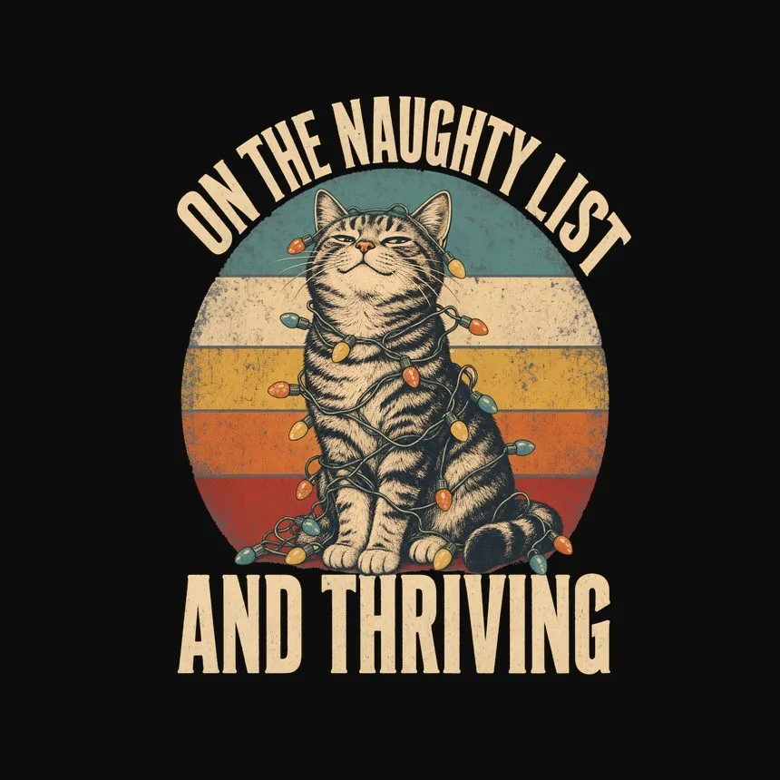 On The Naughty List And Thriving Retro Cat Design — funny cat tank top