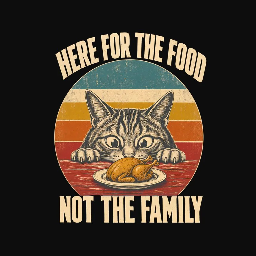 Here For The Food Not The Family Retro Cat Design — funny cat tank top