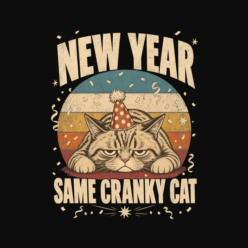 New Year Same Cranky Cat Retro Cat Design — funny cat tank top