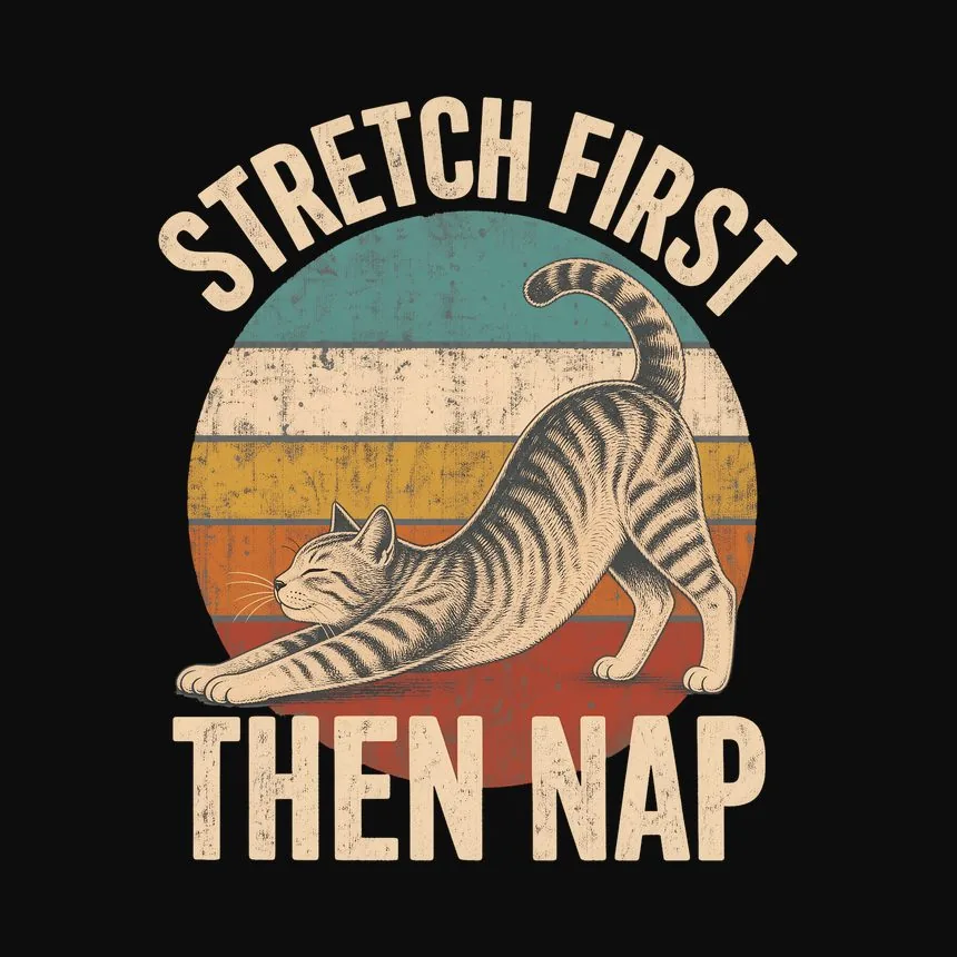 Stretch First Then Nap Yoga Cat Retro — funny cat tee