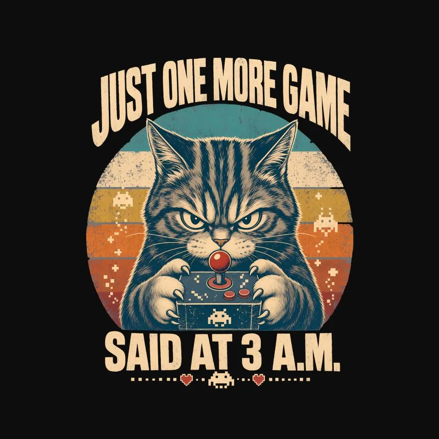 Just One More Game Said At 3 A.M. Retro Cat Design — funny cat tee
