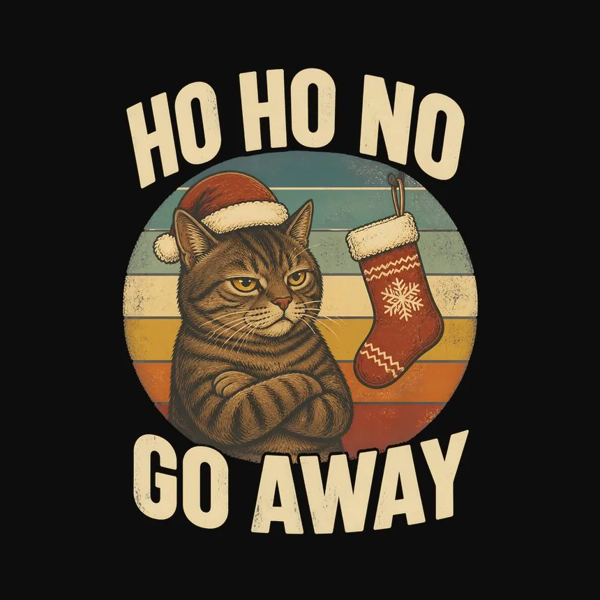 Ho Ho No Go Away Deadpan Santa Cat On Retro Sunset — funny cat tee