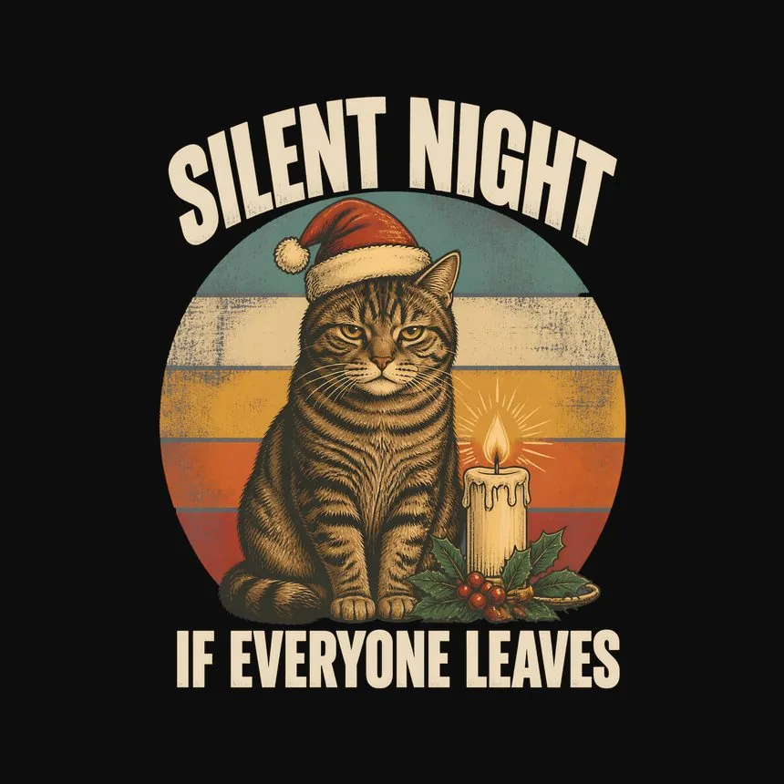 Silent Night If Everyone Leaves Holiday Cat On Retro Sunset — funny cat tee