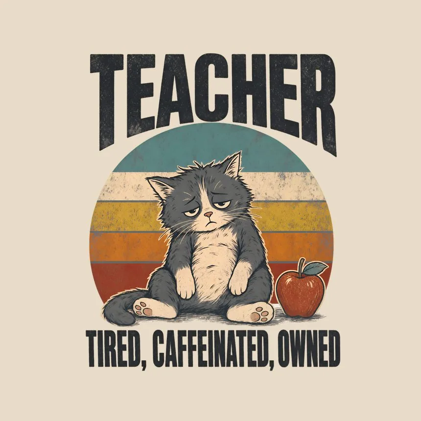 Teacher Tired, Caffeinated, Owned Retro Cat Design — funny cat tote bag
