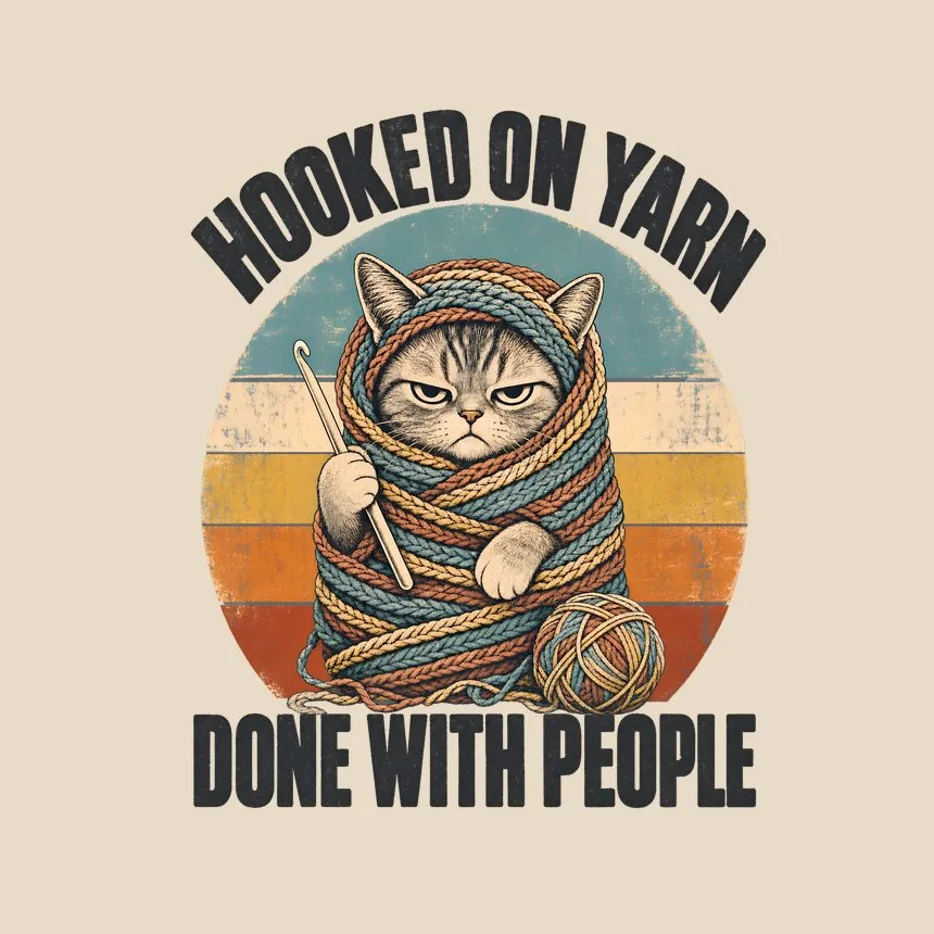 Hooked On Yarn Done With People Retro Cat Design — funny cat tote bag