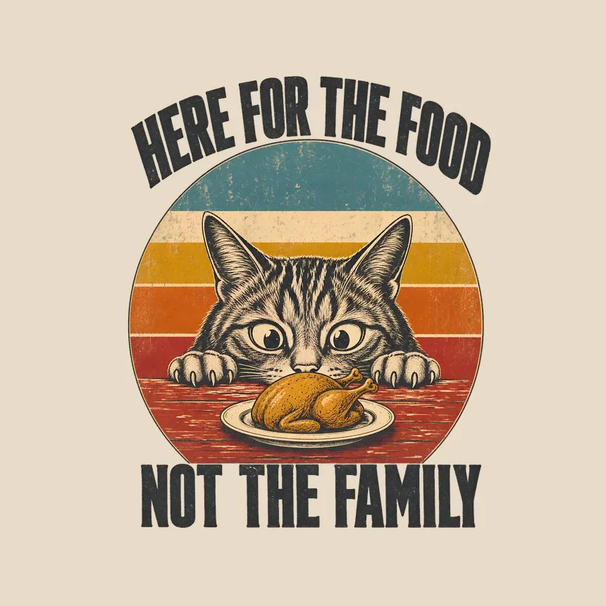 Here For The Food Not The Family Retro Cat Design — funny cat tote bag