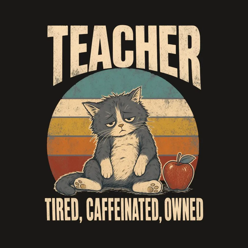 Teacher Tired, Caffeinated, Owned Retro Cat Design — funny cat tumbler